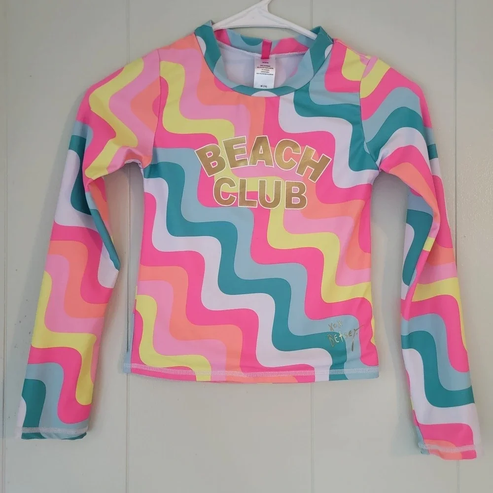 Betsey Johnson Rainbow Rash Guard Y M 10 Long Sleeve Beach Swim‎ Colorful Top